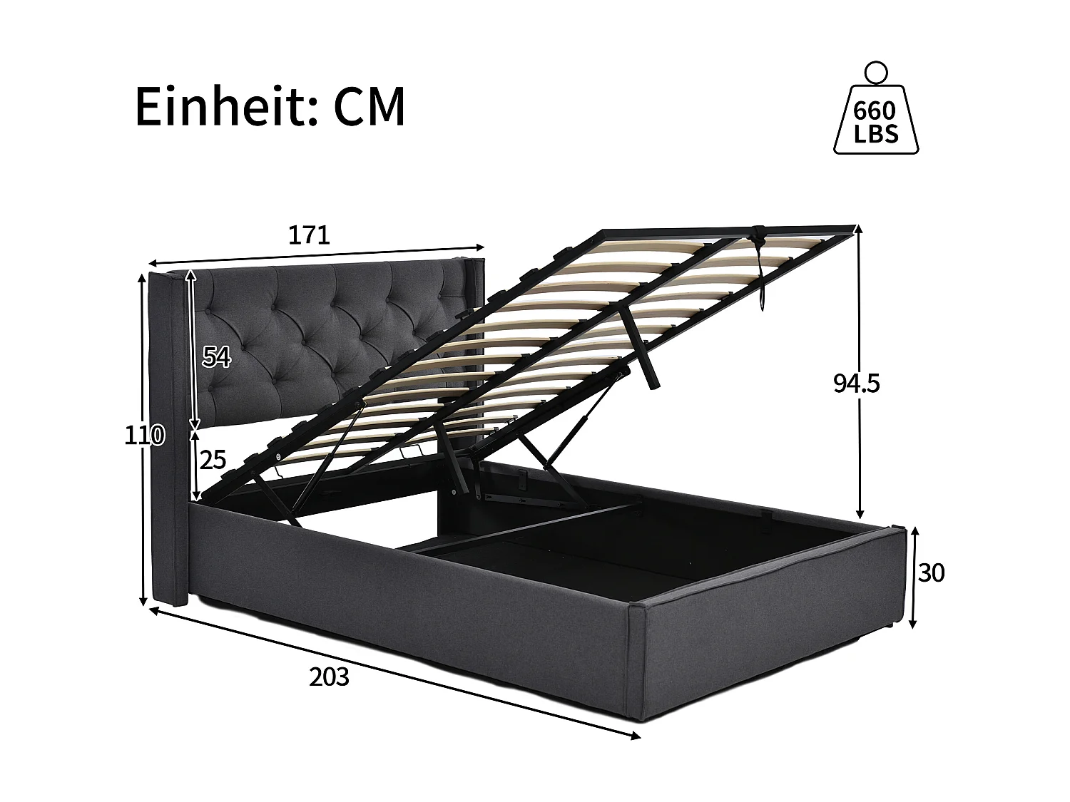 Lit coffre 160x200 cm, sommier relevable, tête de lit capitonnée, coton gris, avec matelas(Sans matelas)