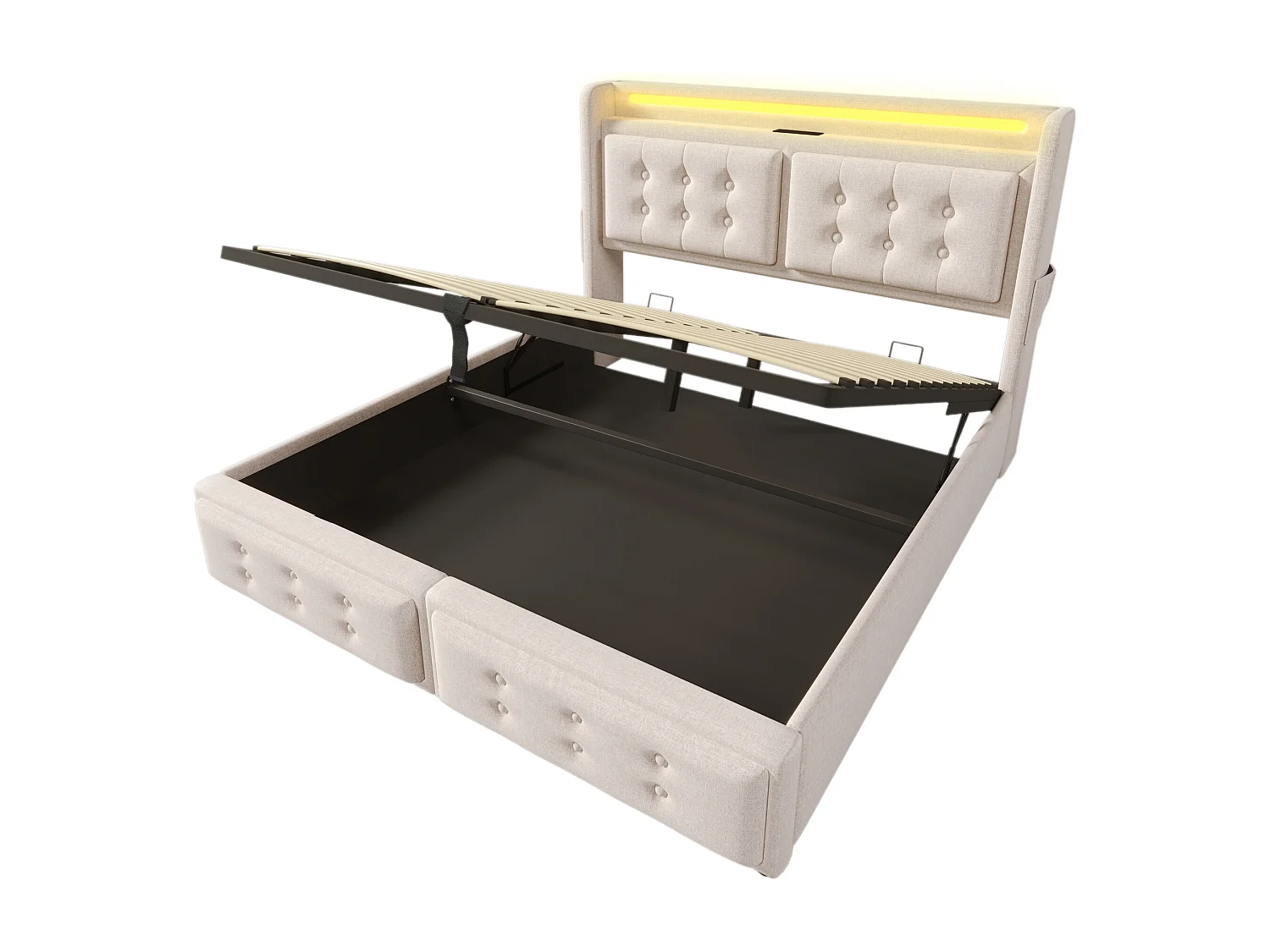 Lit coffre 180x200 cm avec LED et prises USB C, avec tête de lit capitonnée, coton lin beige (Sans matelas)