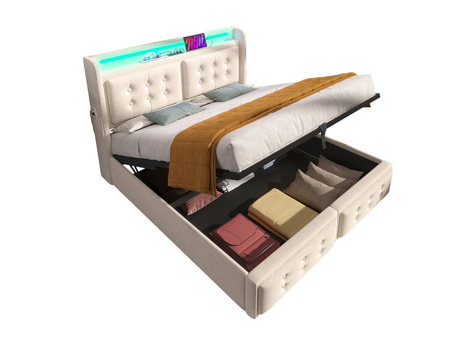 Lit coffre 180x200 cm avec LED et prises USB C, avec tête de lit capitonnée, coton lin beige (Sans matelas)