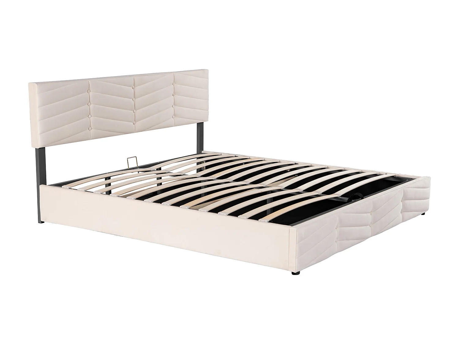 Lit coffre 160x200 cm, tête de lit réglable, rangement hydraulique, velours beige (Sans matelas)