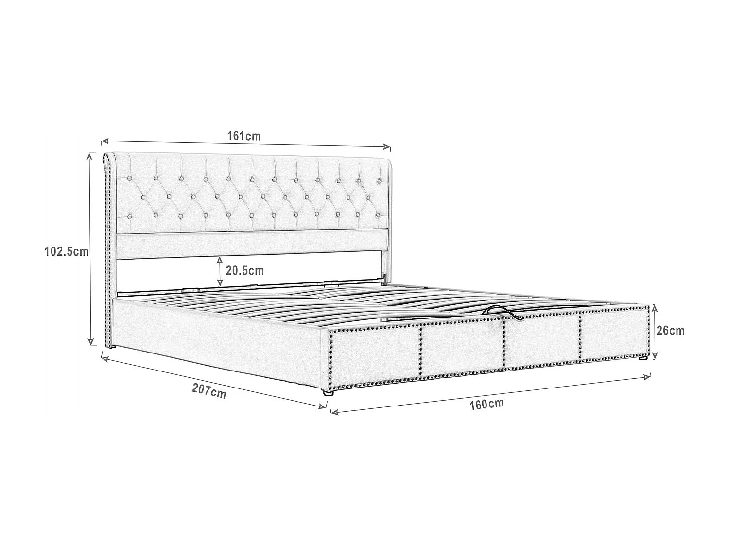 Lit coffre 160x200 cm avec tête de lit rembourrée et rivets, velours gris (Sans matelas)