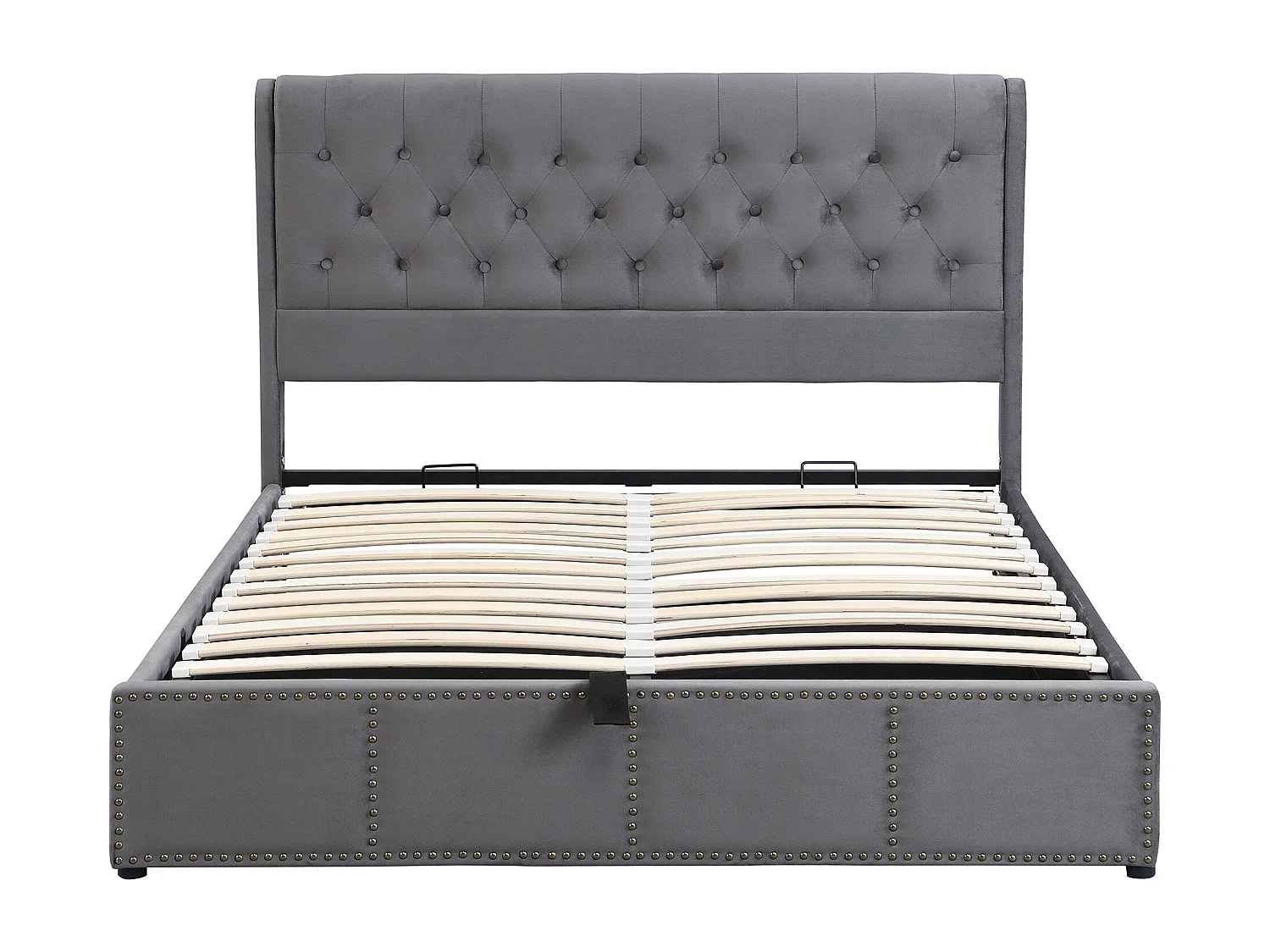 Lit coffre 160x200 cm avec tête de lit rembourrée et rivets, velours gris (Sans matelas)