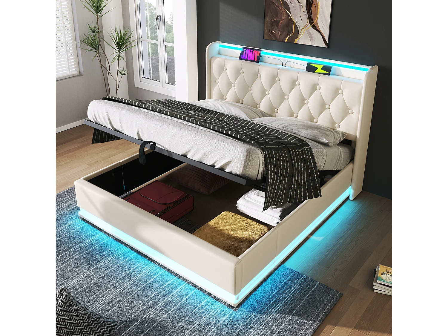 Lit coffre 140x200 cm avec LED 360° et USB Type C, tête de lit capitonnée, PU blanc (Sans matelas)