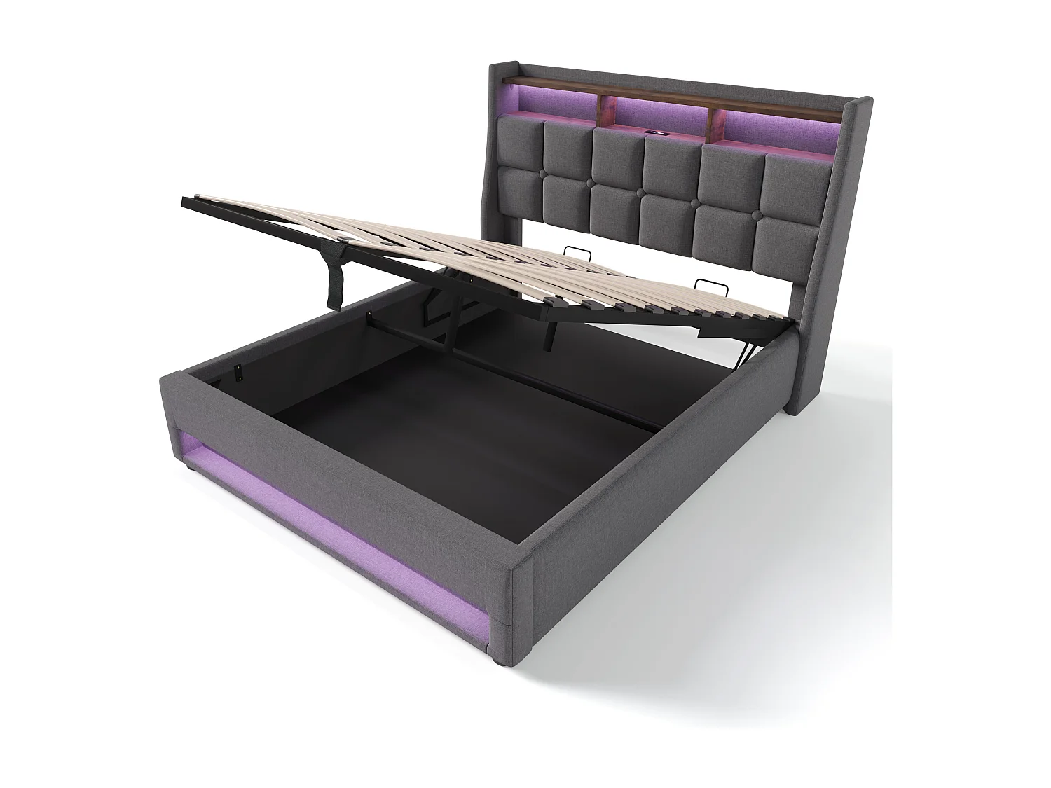 Lit coffre 180x200 cm avec LED, USB et tête de lit rembourrée, sommier à lattes, tissu lin gris (Sans matelas)