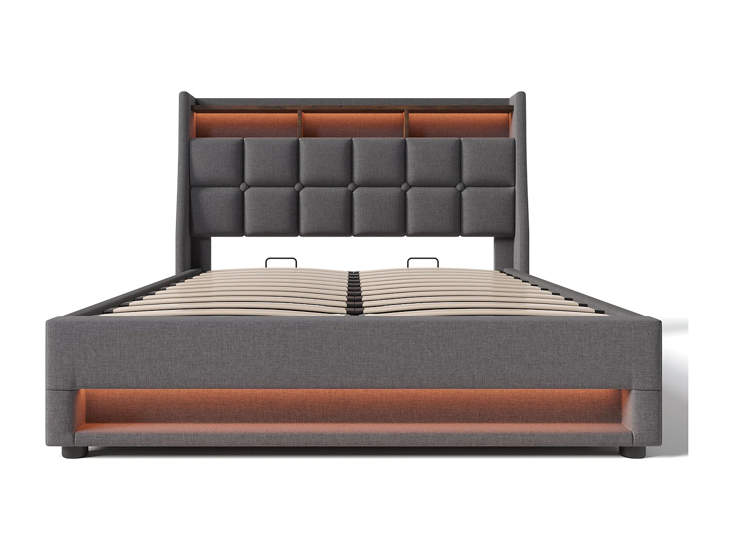 Lit coffre 180x200 cm avec LED, USB et tête de lit rembourrée, sommier à lattes, tissu lin gris (Sans matelas)