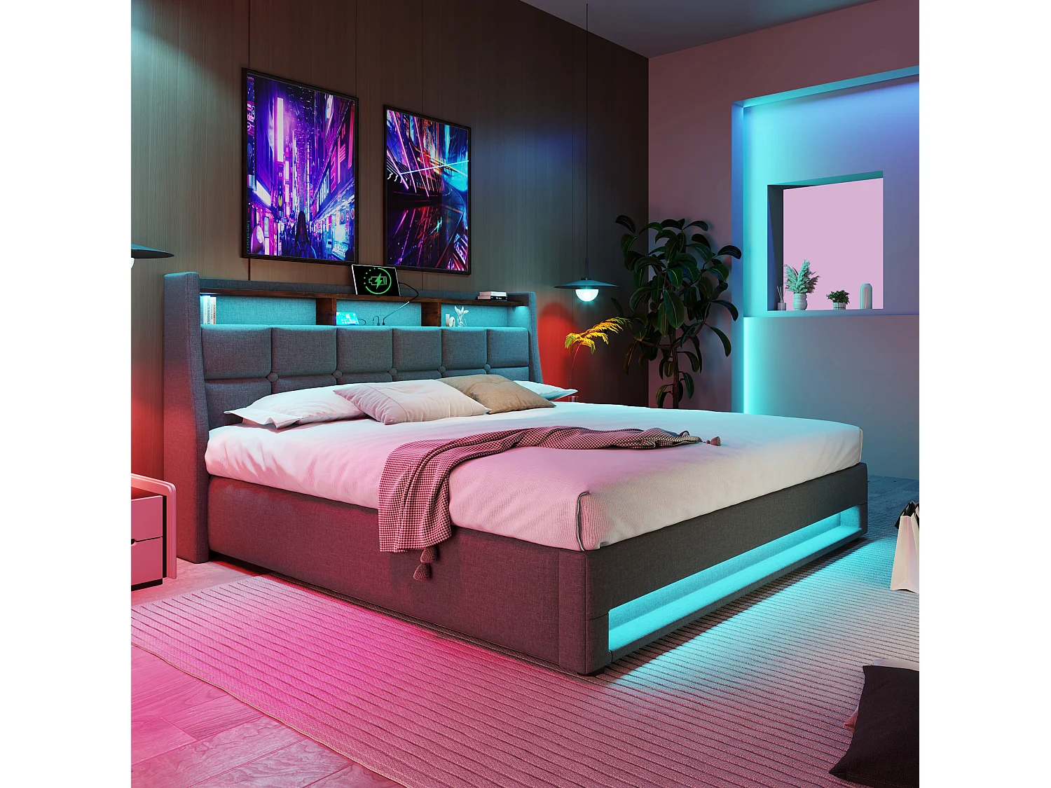 Lit coffre 180x200 cm avec LED, USB et tête de lit rembourrée, sommier à lattes, tissu lin gris (Sans matelas)