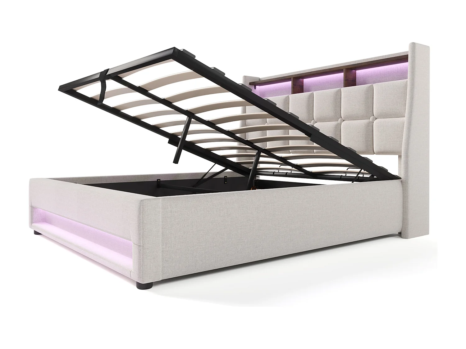 Lit coffre 140x200 cm avec LED et USB, sommier relevable, en lin beige (Sans matelas)