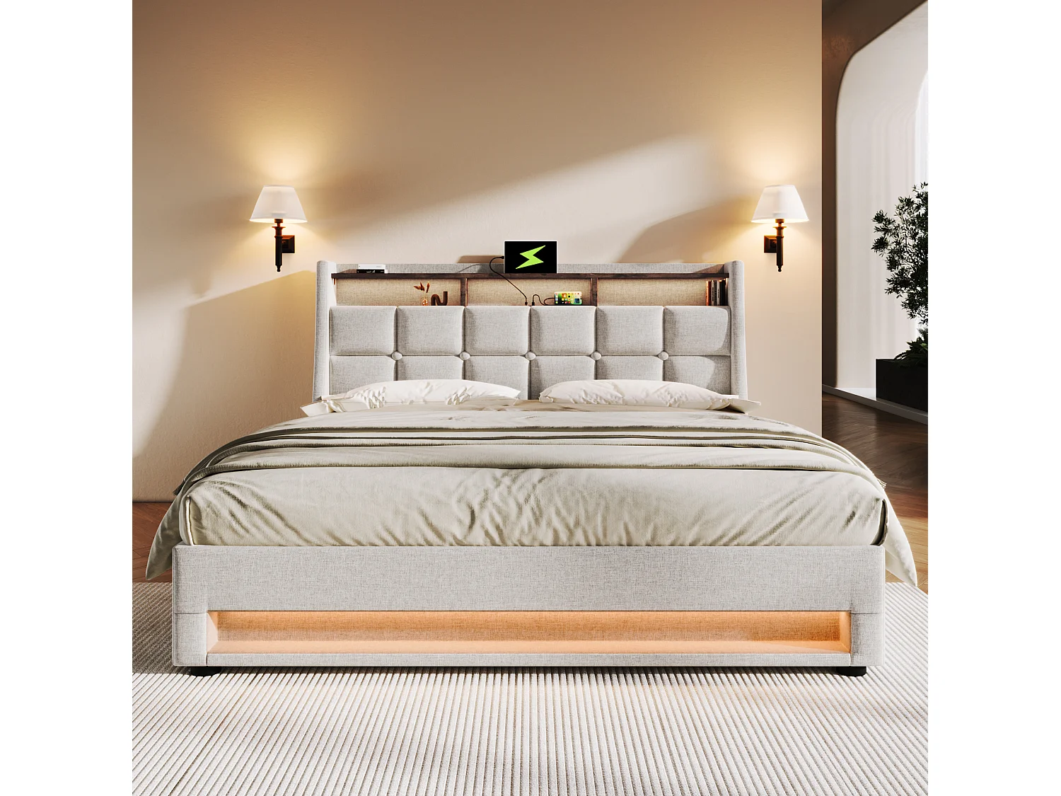 Lit coffre 140x200 cm avec LED et USB, sommier relevable, en lin beige (Sans matelas)