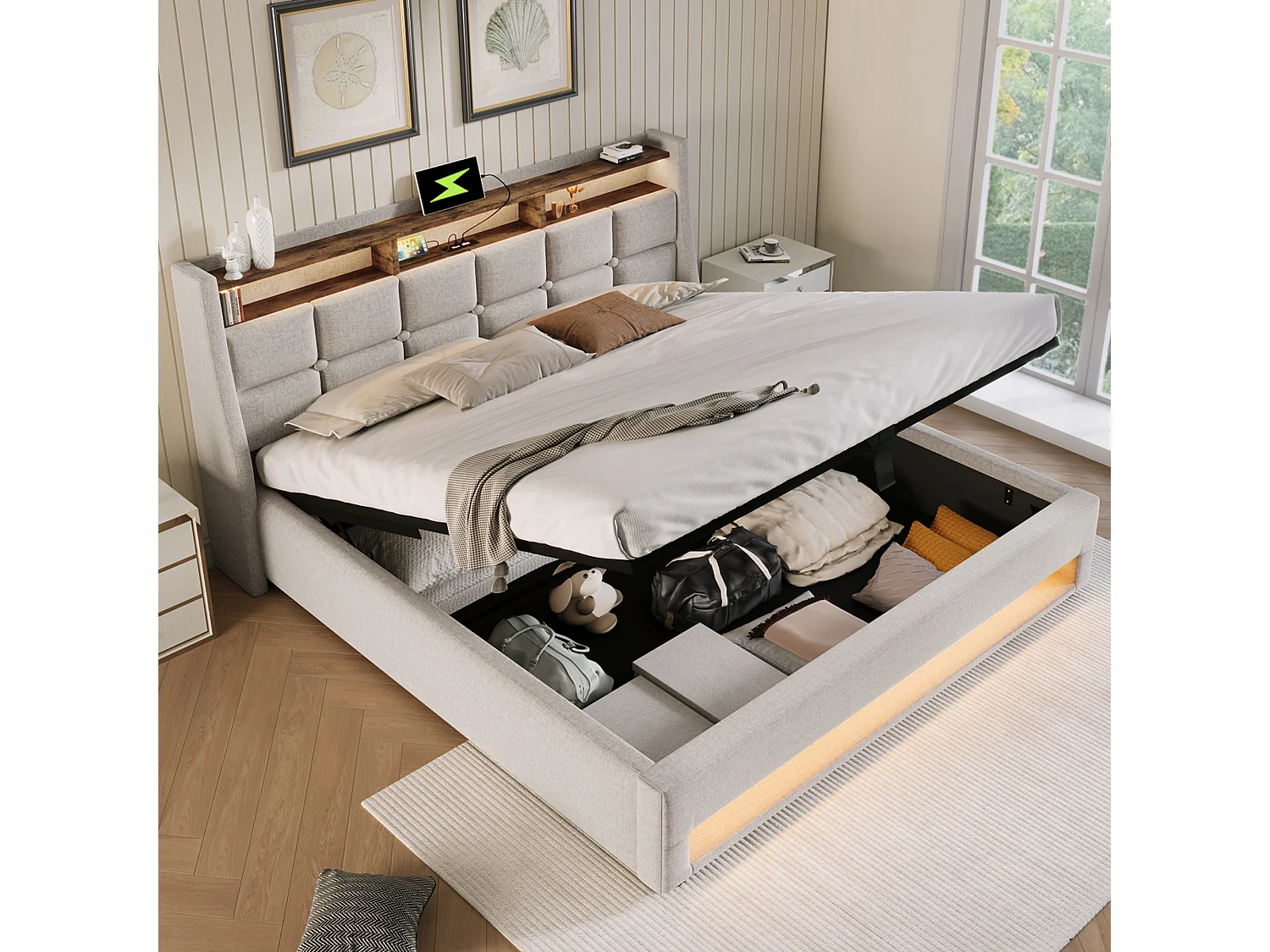 Lit coffre 140x200 cm avec LED et USB, sommier relevable, en lin beige (Sans matelas)