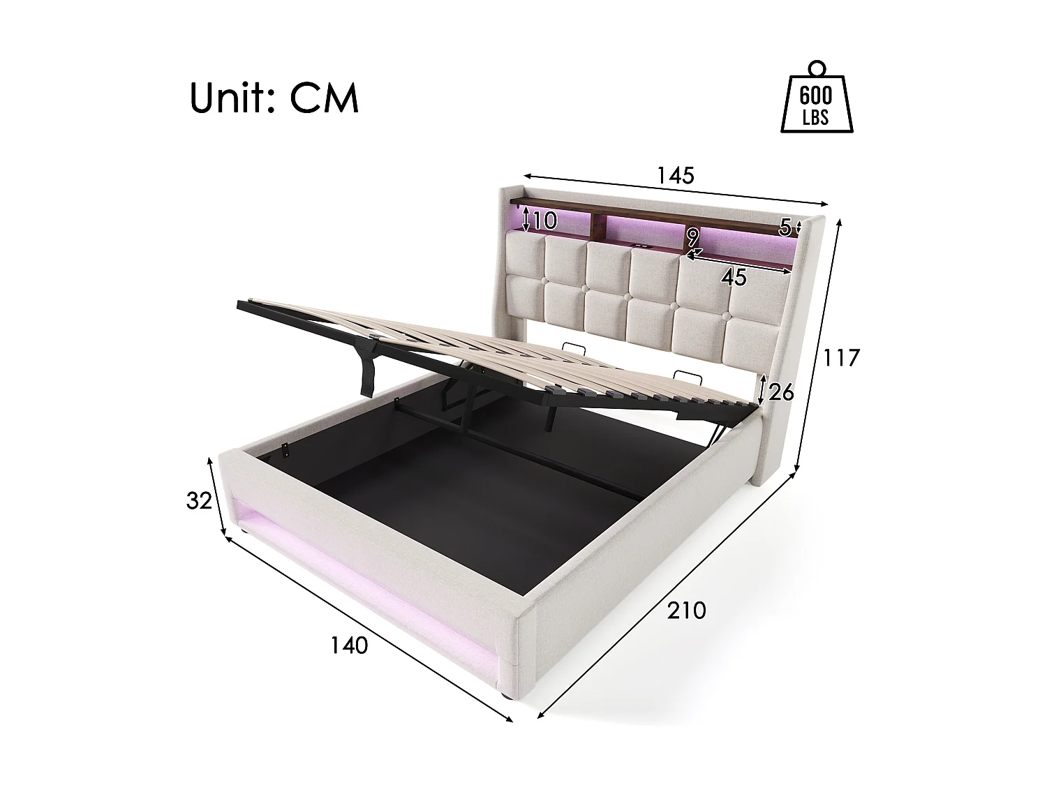 Lit coffre 140x200 cm avec LED et USB, sommier relevable, en lin beige (Sans matelas)