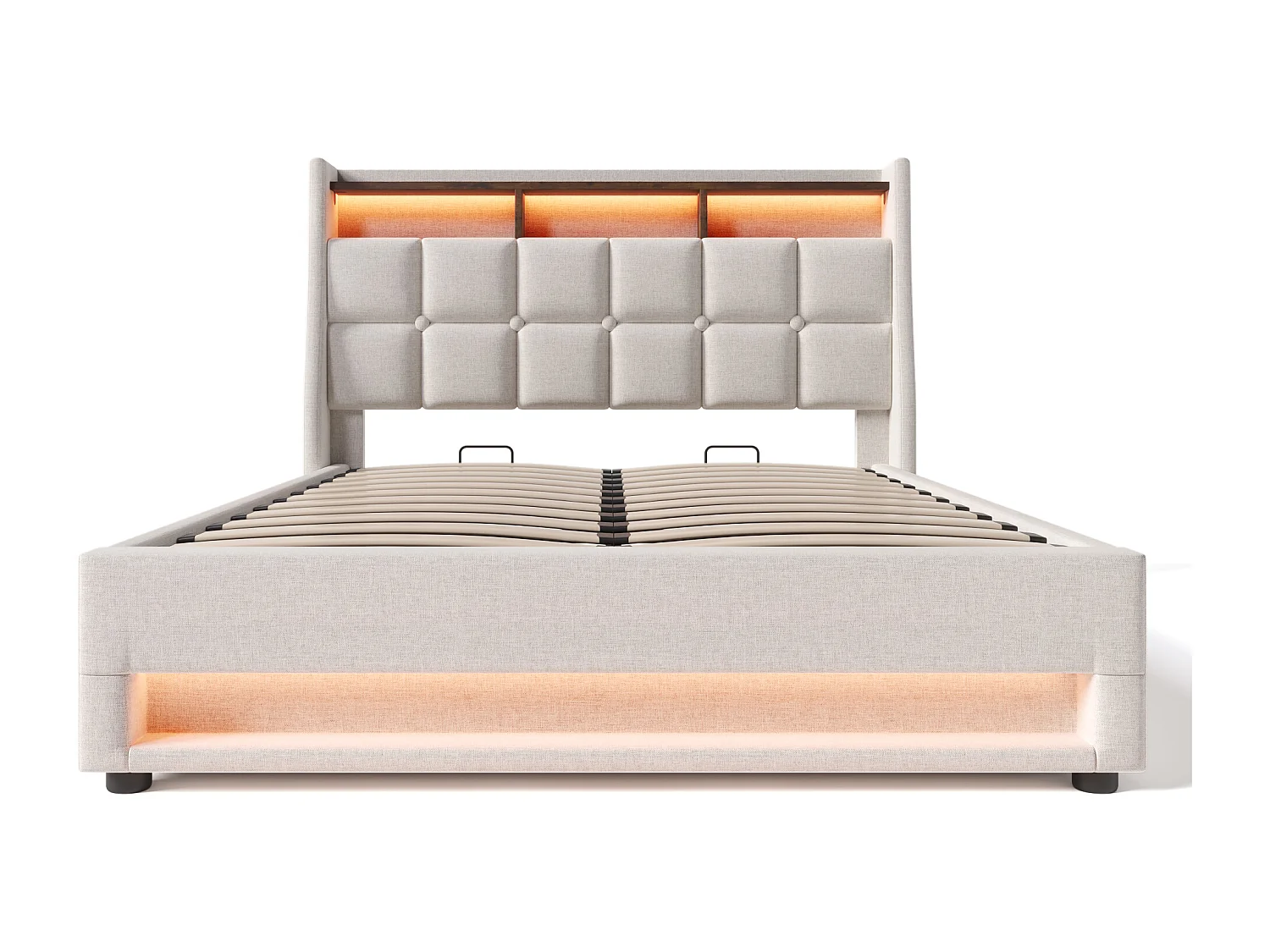 Lit coffre 140x200 cm avec LED et USB, sommier relevable, en lin beige (Sans matelas)