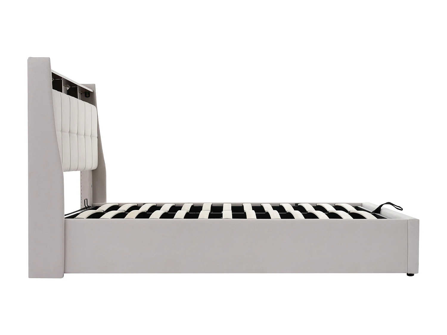 Lit coffre 140x200 cm avec LED et USB, sommier relevable, en lin beige (Sans matelas)