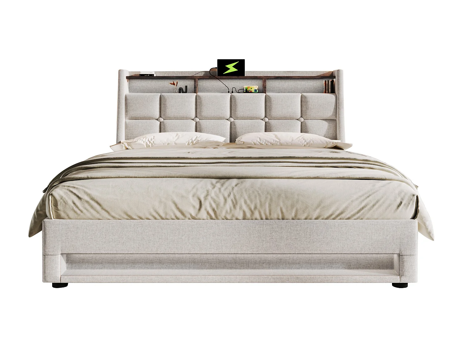 Lit coffre 140x200 cm avec LED et USB, sommier relevable, en lin beige (Sans matelas)