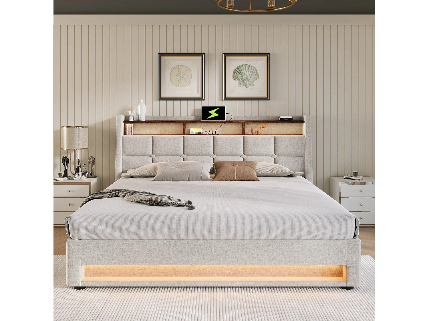 Lit coffre 140x200 cm avec LED et USB, sommier relevable, en lin beige (Sans matelas)