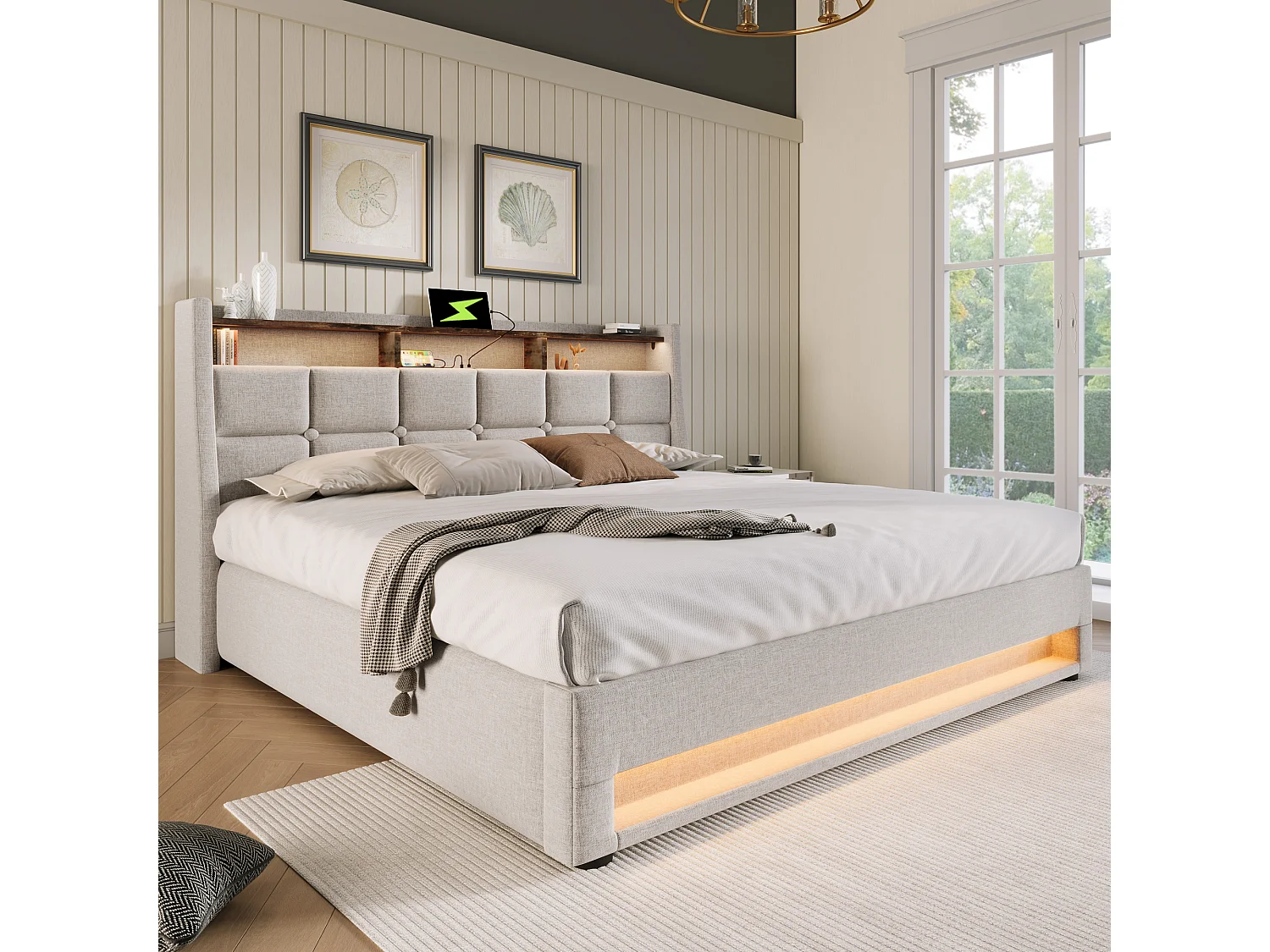 Lit coffre 140x200 cm avec LED et USB, sommier relevable, en lin beige (Sans matelas)