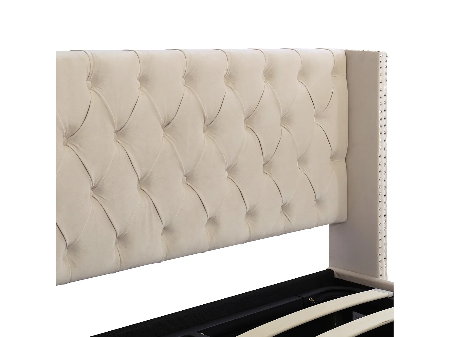 Lit coffre 140x190 cm avec rangement hydraulique et effet capitonné velours beige (Sans matelas)