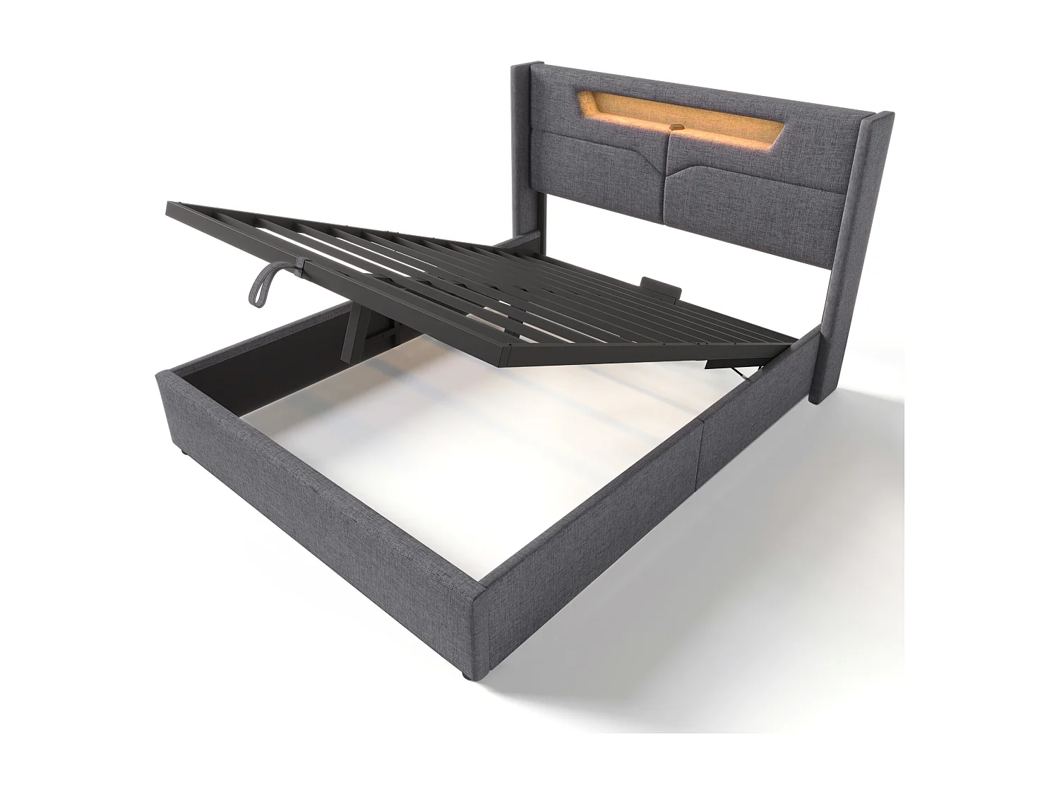 Lit coffre 140x200 cm - tête de lit avec USB et LED - cadre de lit en métal - lin gris (sans matelas)