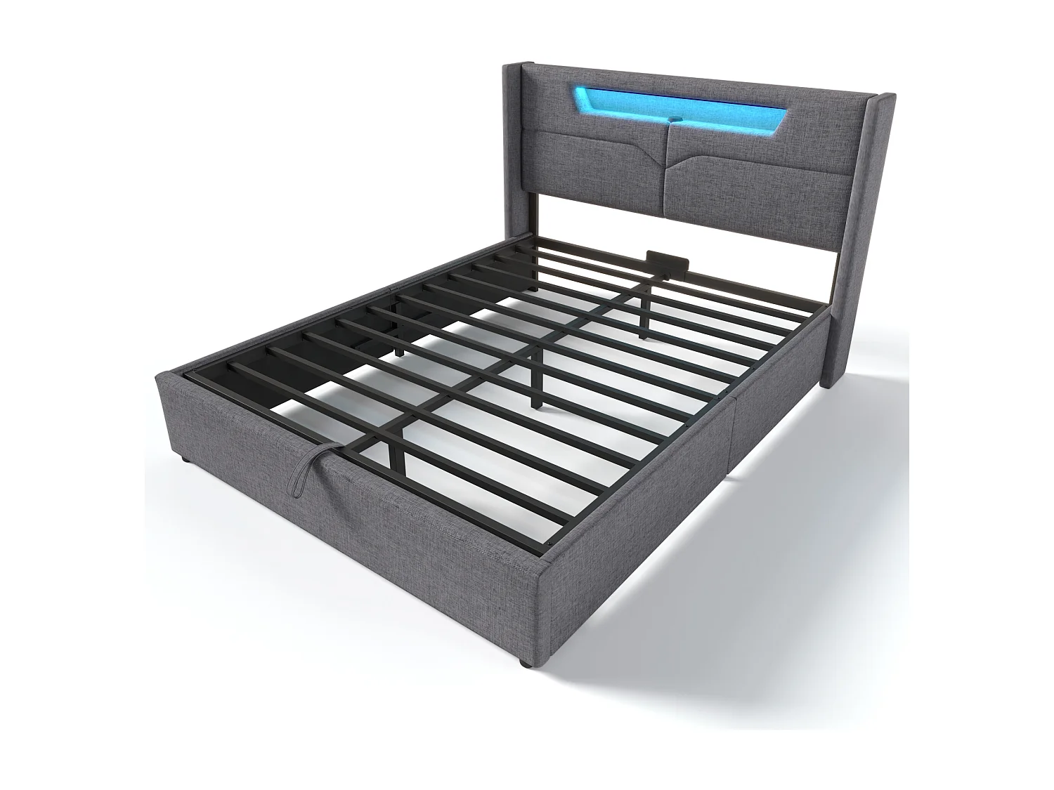 Lit coffre 140x200 cm - tête de lit avec USB et LED - cadre de lit en métal - lin gris (sans matelas)