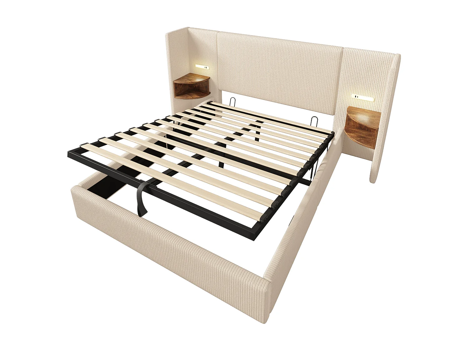 Lit coffre 160x200 cm, tête de lit avec étagère, lampe USB Type C, velours côtelé beige blanc (Sans matelas)