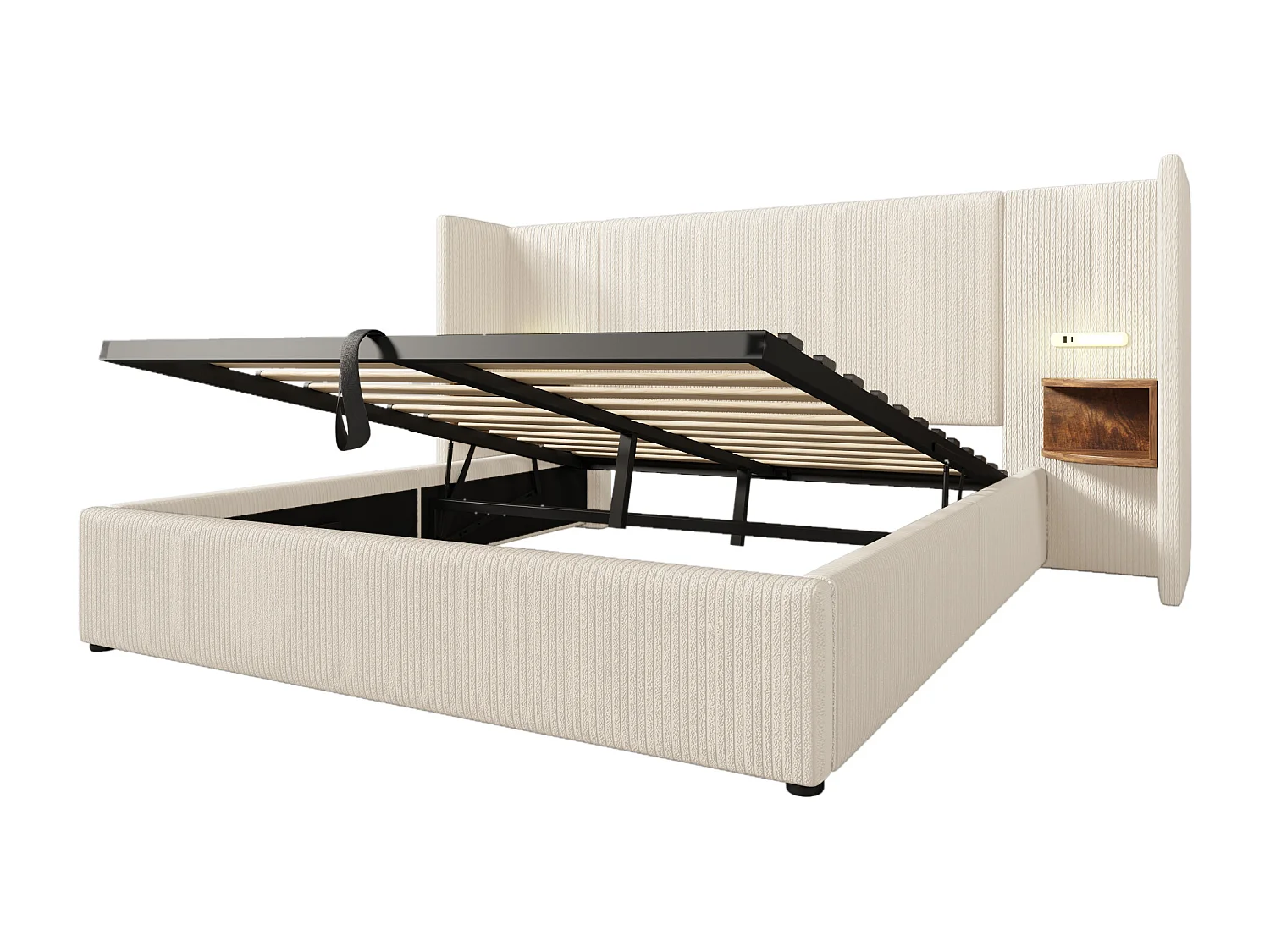Lit coffre 160x200 cm, tête de lit avec étagère, lampe USB Type C, velours côtelé beige blanc (Sans matelas)