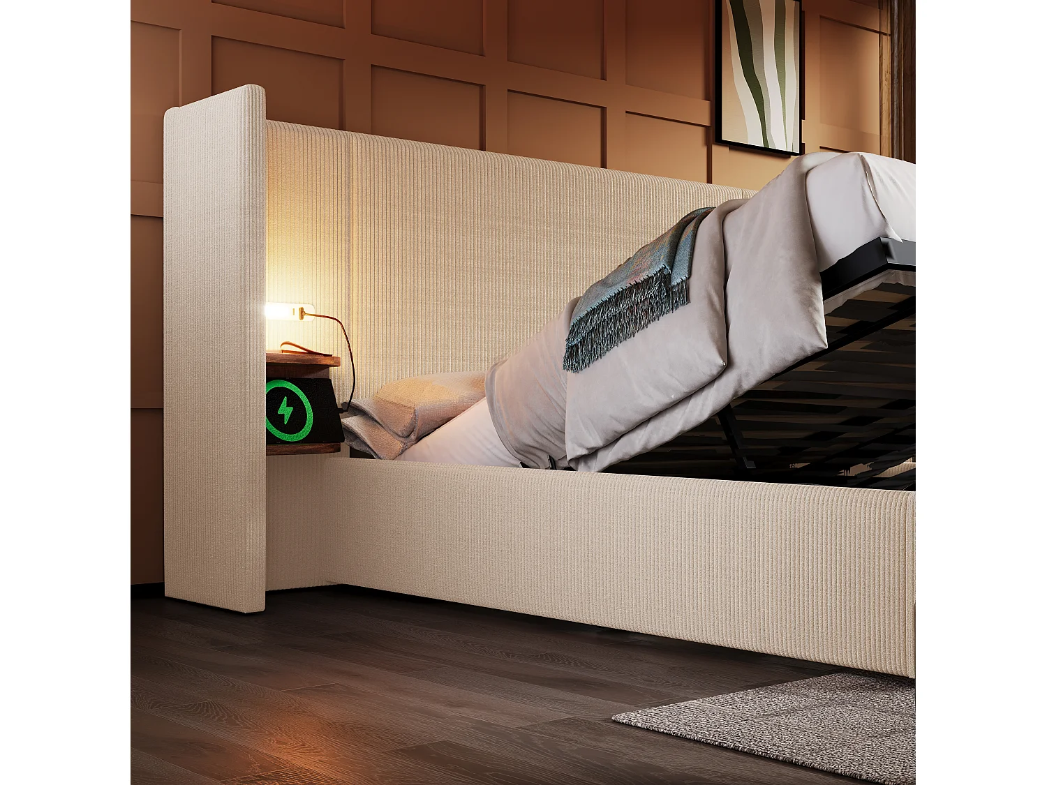 Lit coffre 160x200 cm, tête de lit avec étagère, lampe USB Type C, velours côtelé beige blanc (Sans matelas)