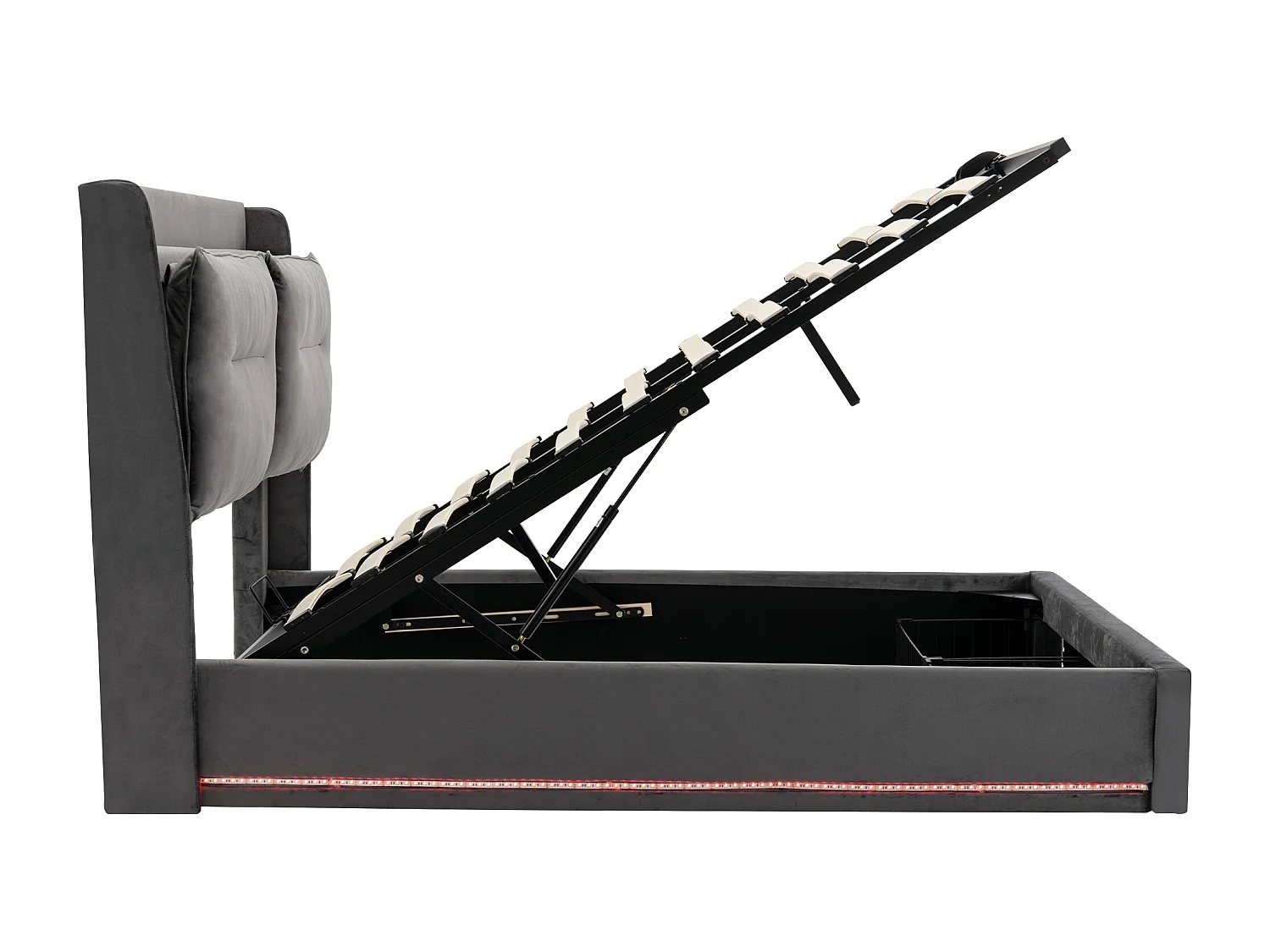 Lit coffre 140x190 cm avec sommier - tête de lit capitonnée avec tiroirs 2 en 1 et LED - velours gris (sans matelas)