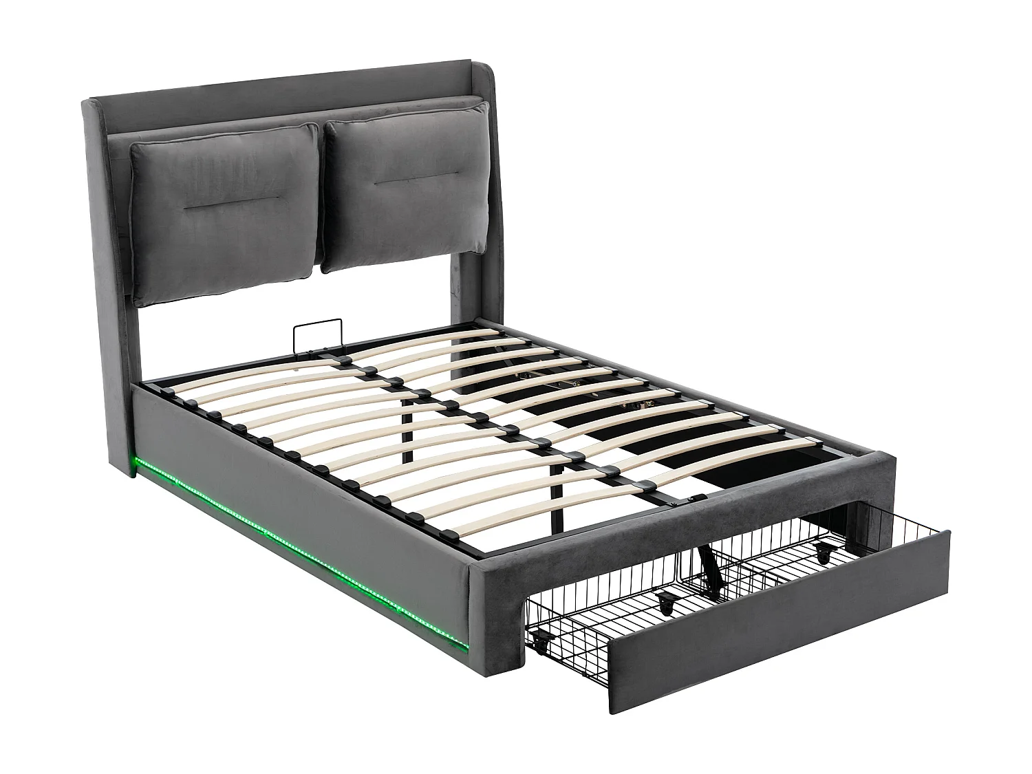 Lit coffre 140x190 cm pour LED réglable, tiroir 2 en 1 et tête de lit de rangement, velours gris foncé (Sans matelas)