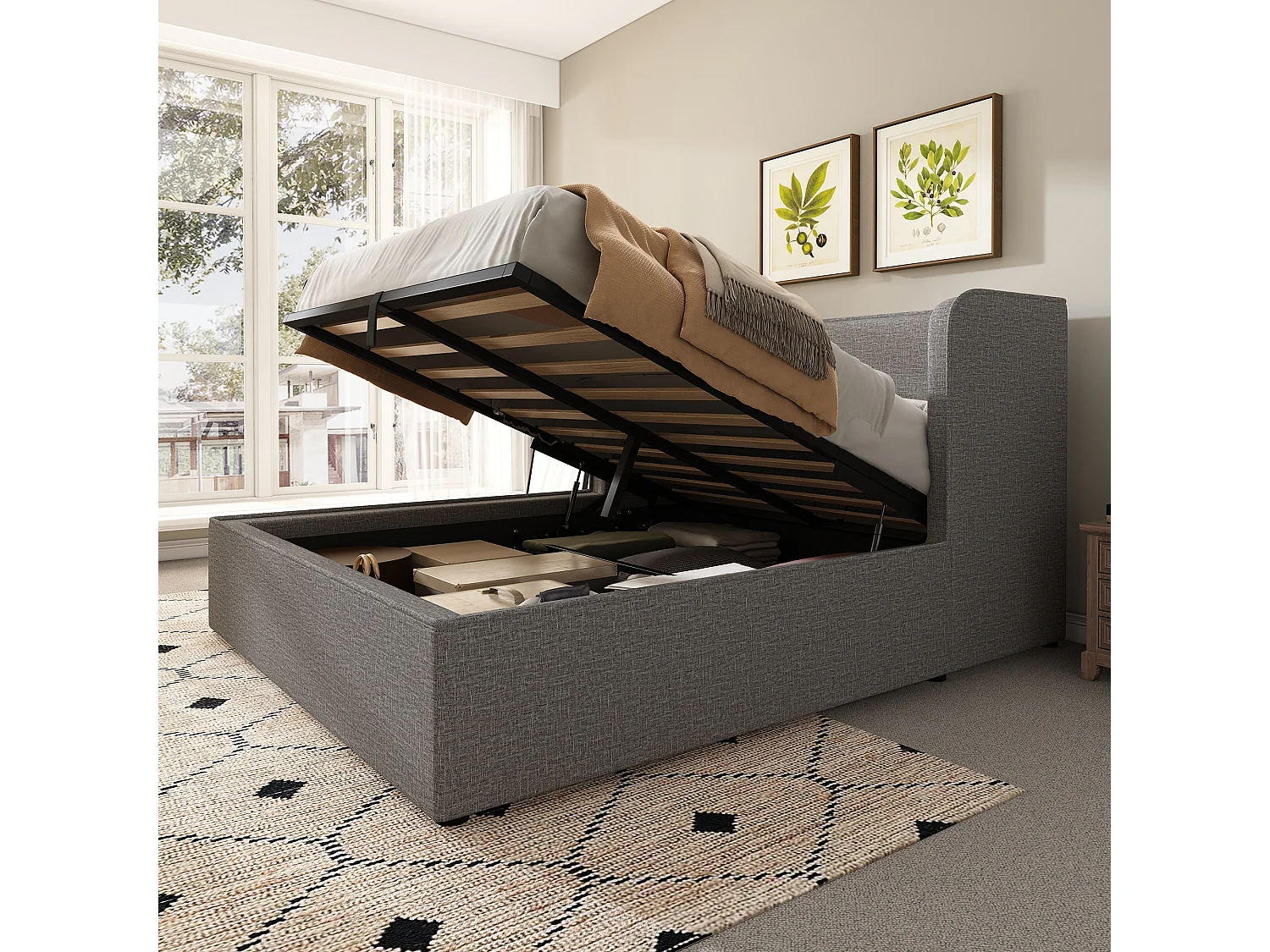 Lit Coffre 160x200cm avec Couvre-lit amovible Espace de rangement Sommier à lattes en bois en gris pour adultes et enfants et adolescents