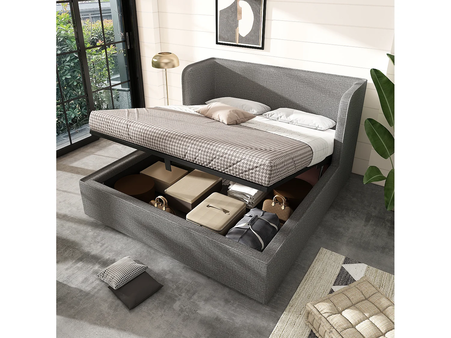 Lit Coffre 160x200cm avec Couvre-lit amovible Espace de rangement Sommier à lattes en bois en gris pour adultes et enfants et adolescents