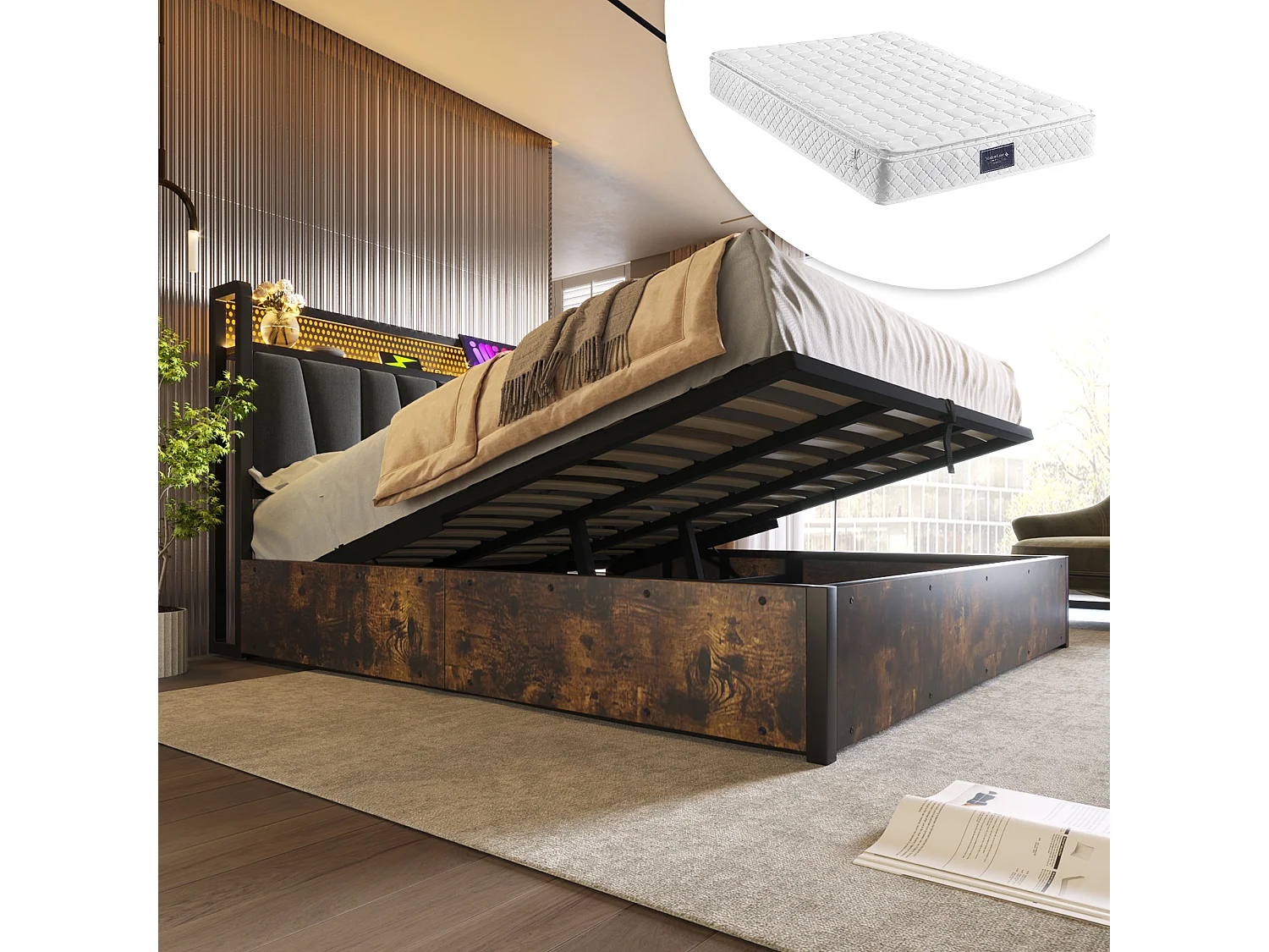 Lit Coffre 140x200cm avec LED USB espace de rangement et matelas gris pour enfants et adultes et adolescents