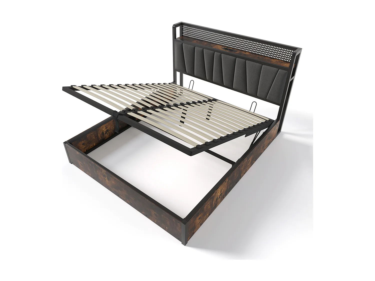 Lit coffre 140x200 cm avec tête de lit LED RGBW, prises et USB, rangement, lin gris (Avec matelas)