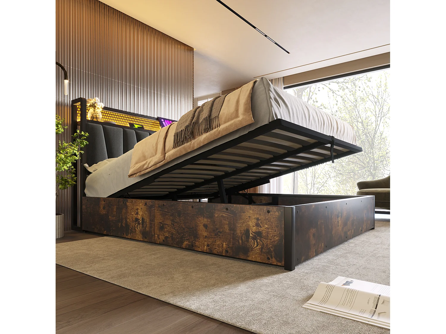 Lit coffre 140x200 cm avec tête de lit LED RGBW, prises et USB, rangement, lin gris (Avec matelas)