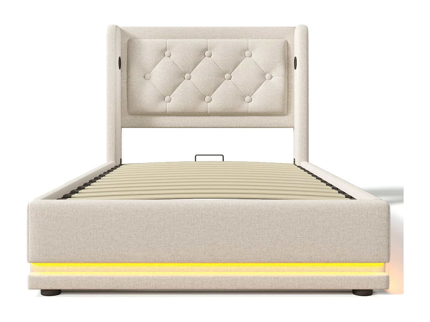 Lit coffre 90x200 cm avec sommier - tête de lit capitonnée avec USB et LED - coton - beige (sans matelas)