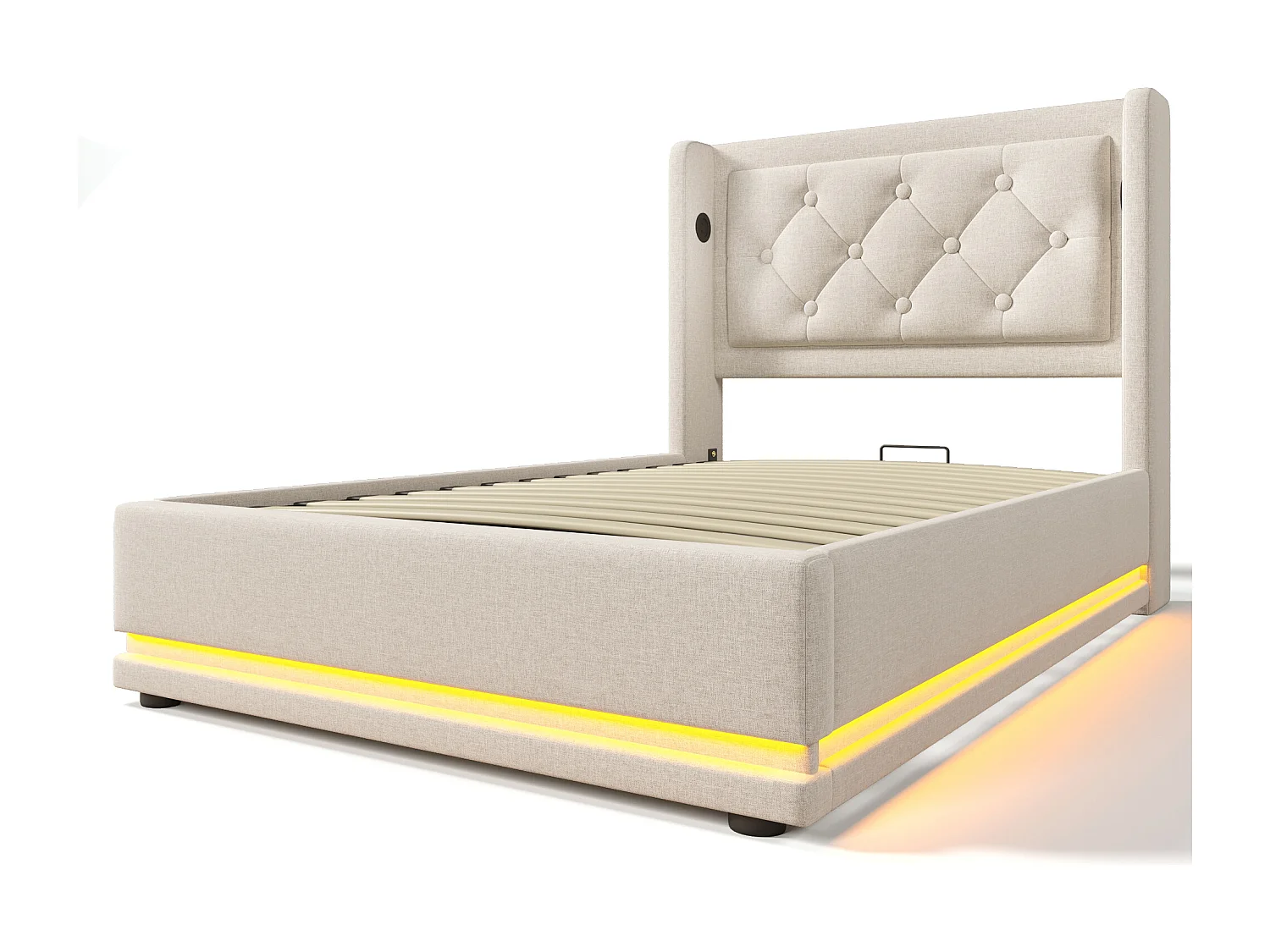 Lit coffre  90x200 cm avec rangement hydraulique et USB Type C, LED 3 côtés, coton beige (Sans matelas)