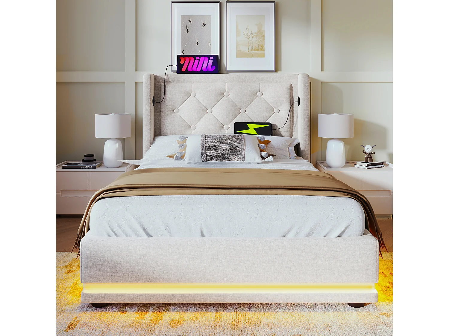 Lit coffre  90x200 cm avec rangement hydraulique et USB Type C, LED 3 côtés, coton beige (Sans matelas)