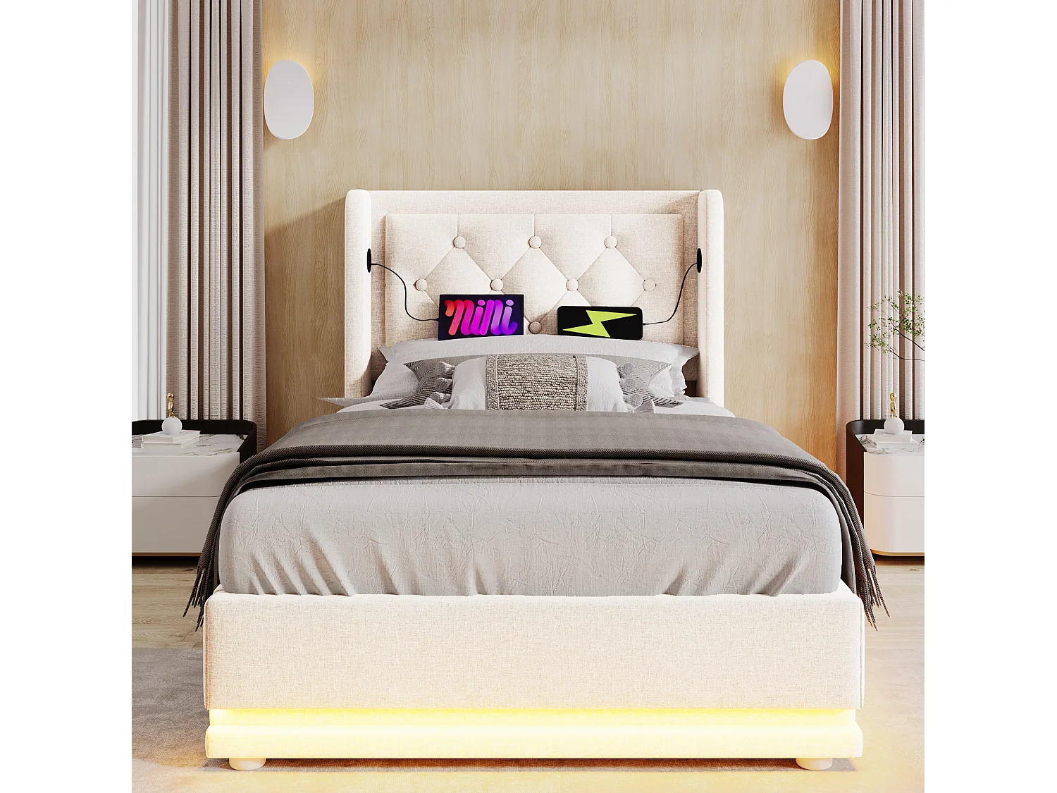 Lit coffre  90x200 cm avec rangement hydraulique et USB Type C, LED 3 côtés, coton beige (Sans matelas)