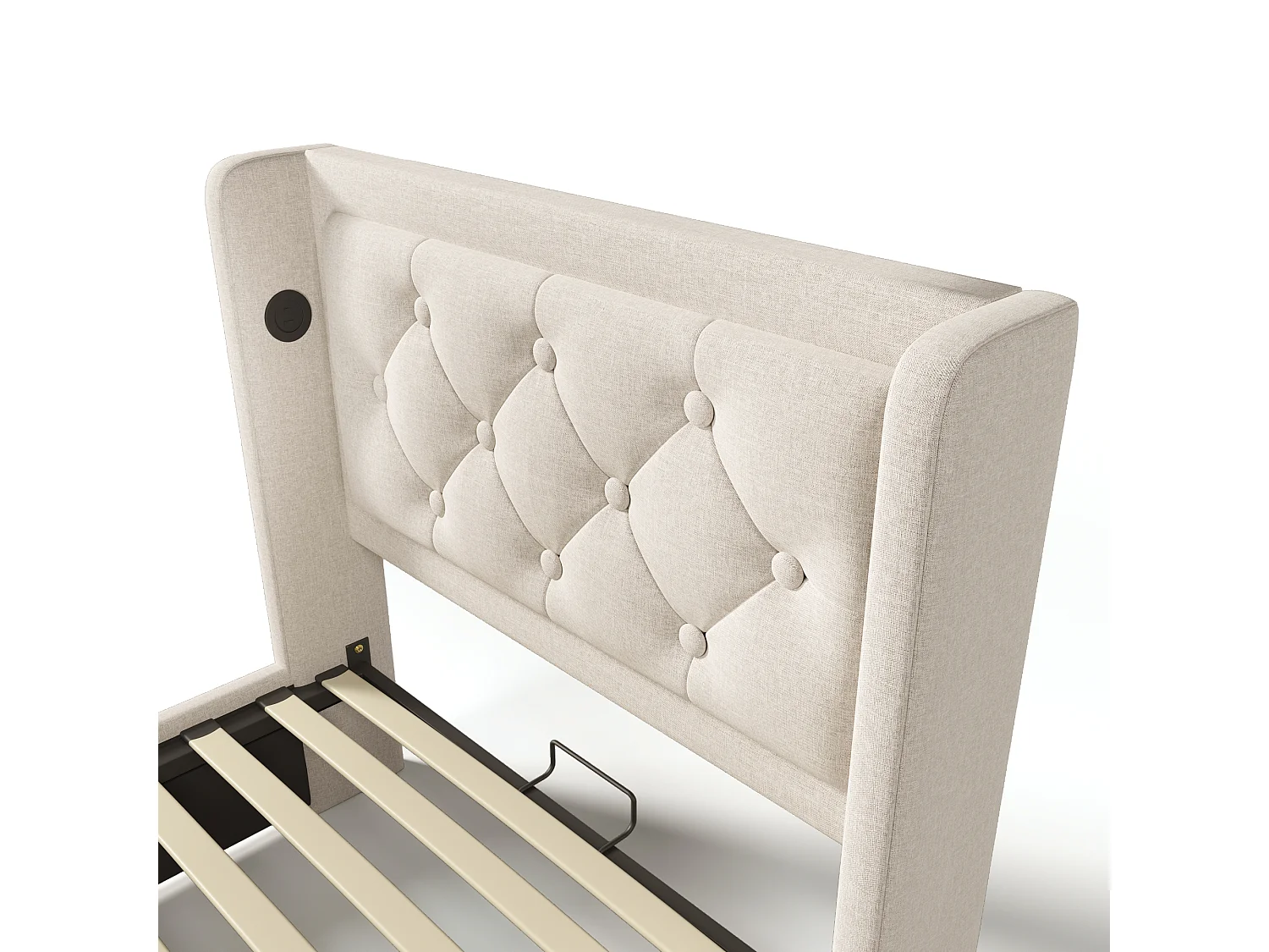 Lit coffre  90x200 cm avec rangement hydraulique et USB Type C, LED 3 côtés, coton beige (Sans matelas)