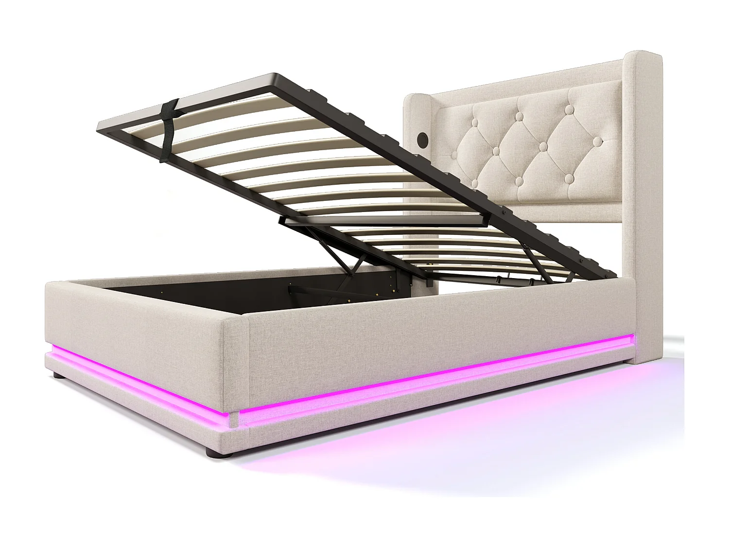 Lit coffre  90x200 cm avec rangement hydraulique et USB Type C, LED 3 côtés, coton beige (Sans matelas)