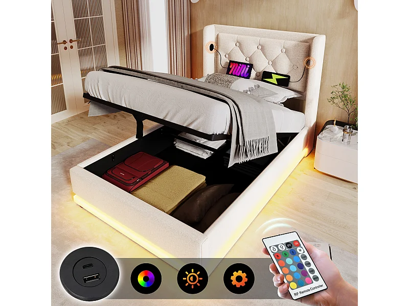 Lit coffre 90x200 cm avec sommier - tête de lit capitonnée avec USB et LED - coton - beige (sans matelas)