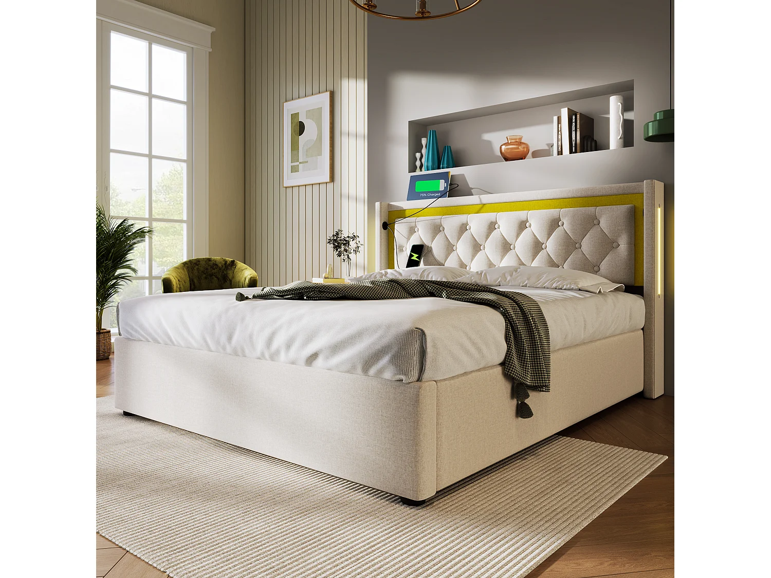 Lit coffre 140x200 cm avec LED et ports USB Type C, avec tête de lit, coton beige (Avec matelas)