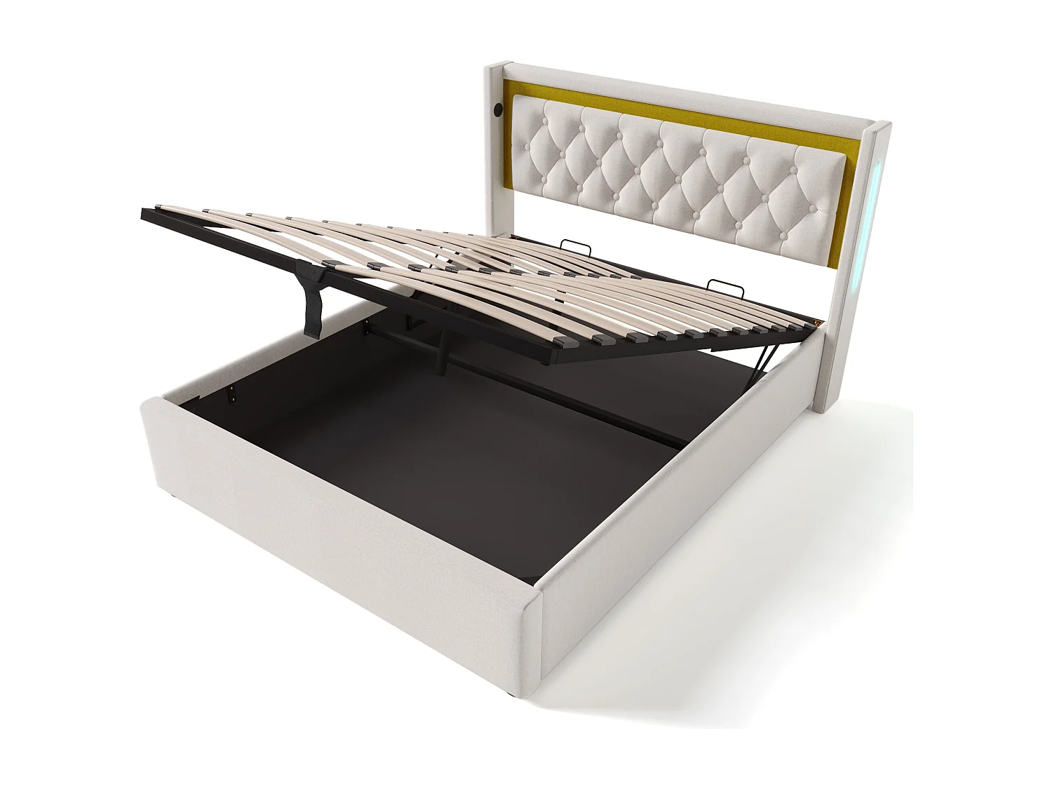 Lit coffre 140x200 cm avec LED et ports USB Type C, avec tête de lit, coton beige (Avec matelas)