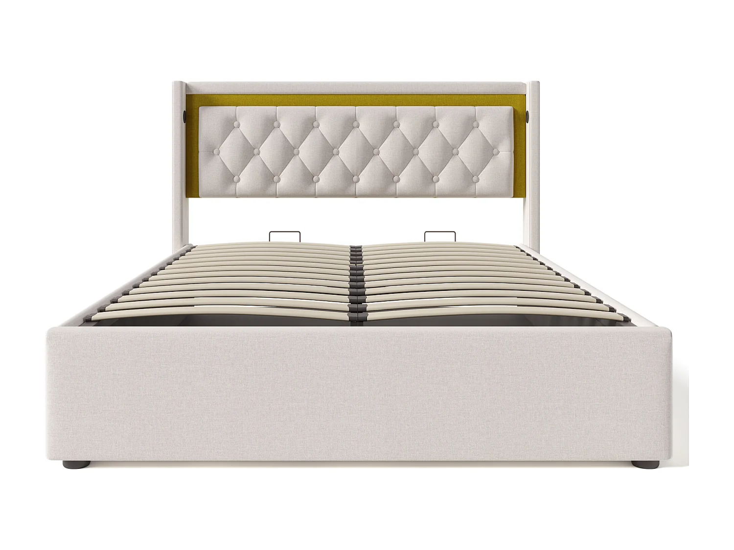 Lit coffre 140x200 cm avec LED et ports USB Type C, avec tête de lit, coton beige (Avec matelas)