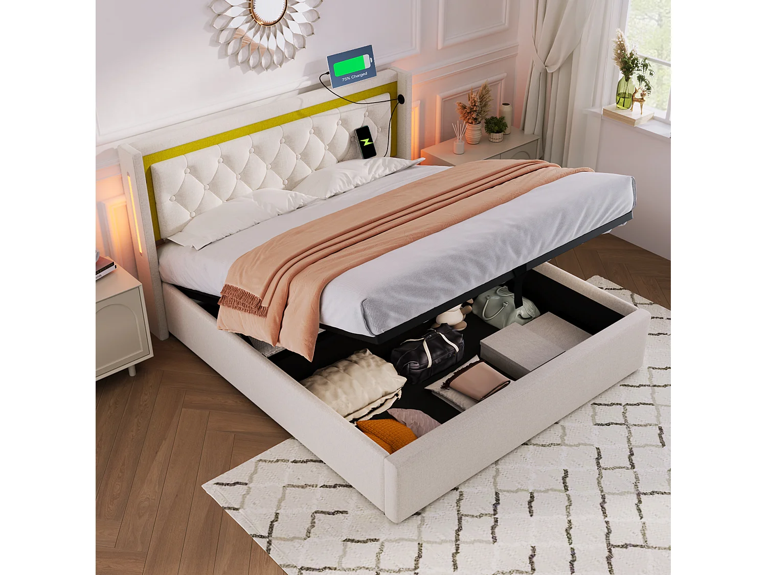 Lit coffre 140x200 cm avec LED et ports USB Type C, avec tête de lit, coton beige (Avec matelas)