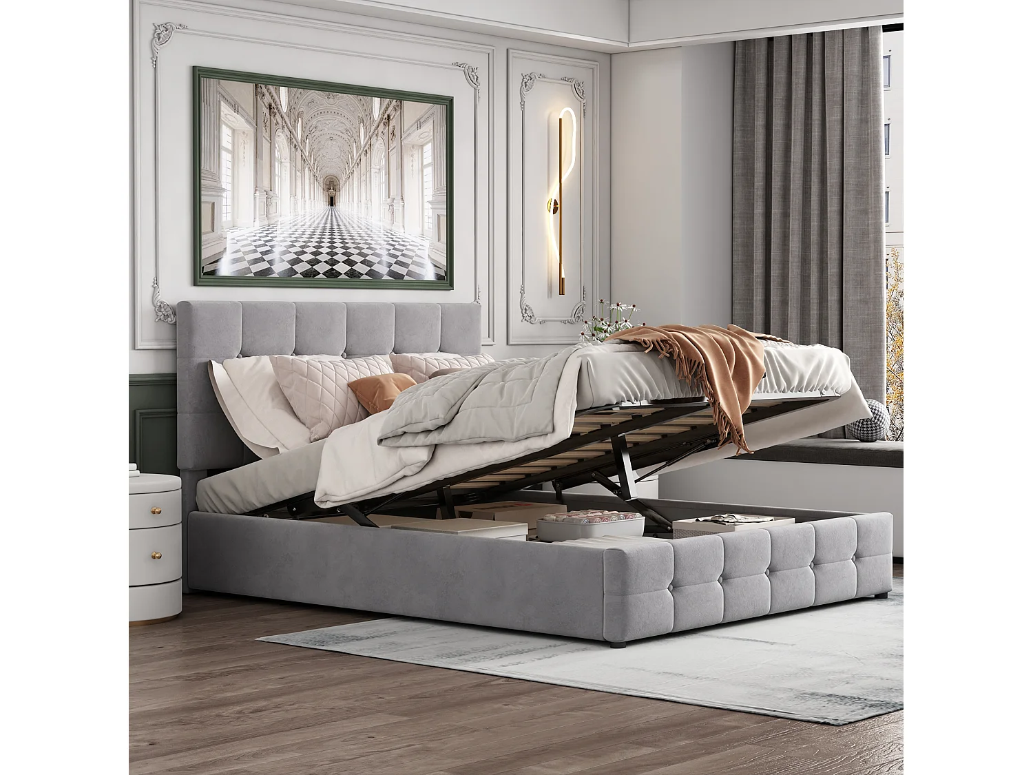 Lit coffre 140x200 cm, coffre hydraulique, tête de lit rembourrée, 24 lattes, velours gris(Sans matelas)