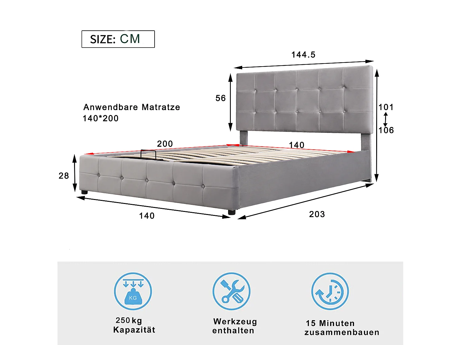 Lit coffre 140x200 cm, coffre hydraulique, tête de lit rembourrée, 24 lattes, velours gris(Sans matelas)