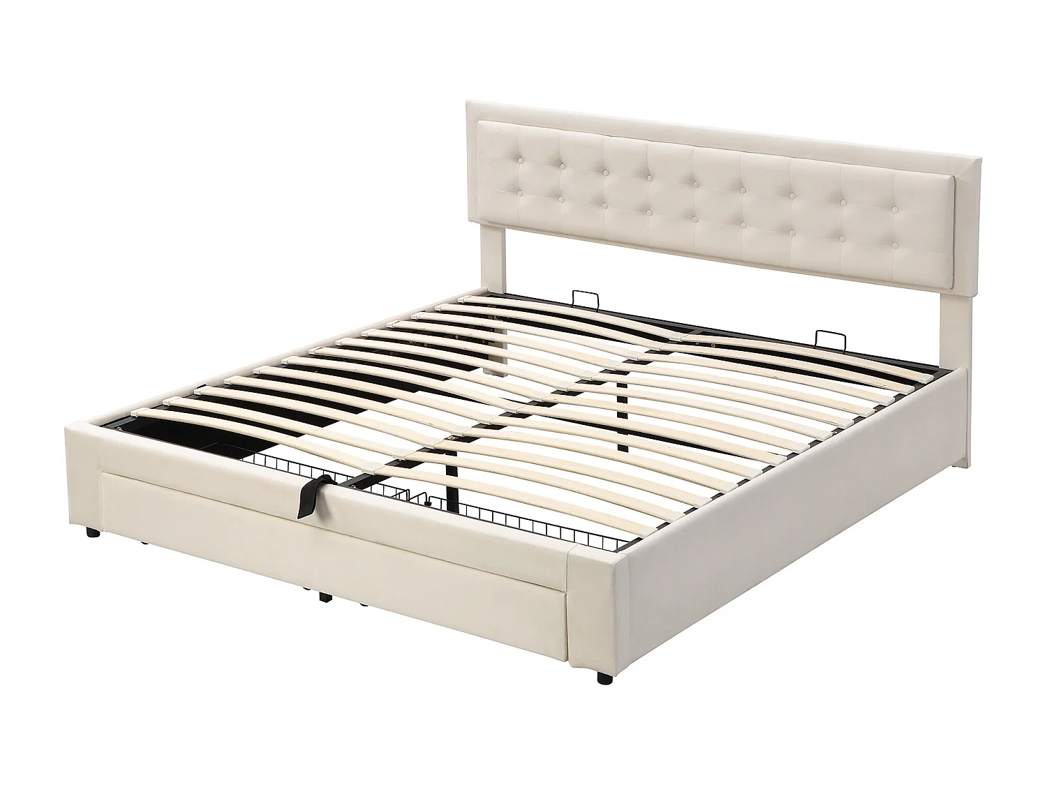 Lit coffre 160x200 cm avec sommier - 2 tiroirs et tête de lit réglable en hauteur - velours - beige (sans matelas)