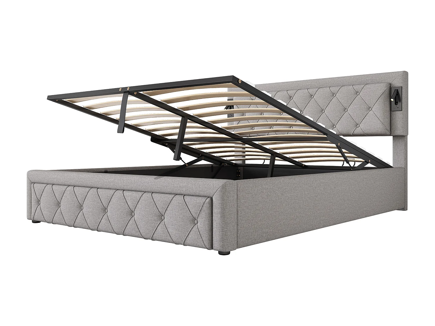 Lit coffre 160x200 cm avec éclairage et ports USB, tête de lit capitonnée, en lin gris (Sans matelas)