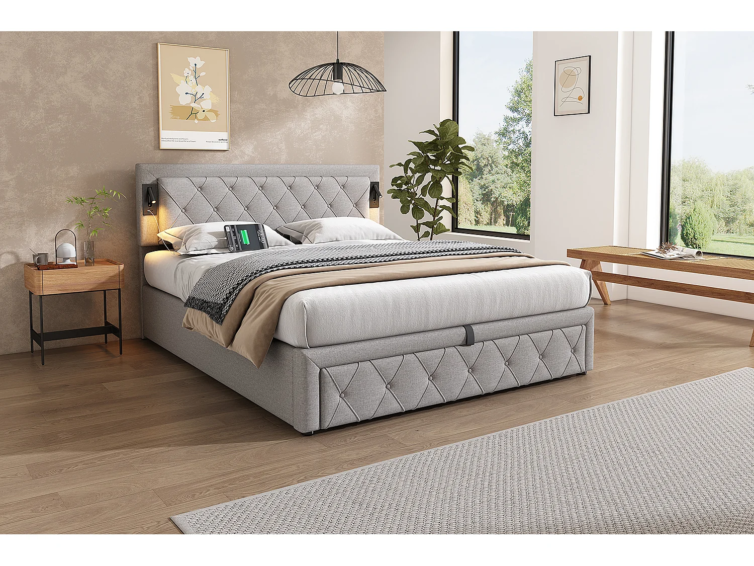 Lit coffre 160x200 cm avec éclairage et ports USB, tête de lit capitonnée, en lin gris (Sans matelas)
