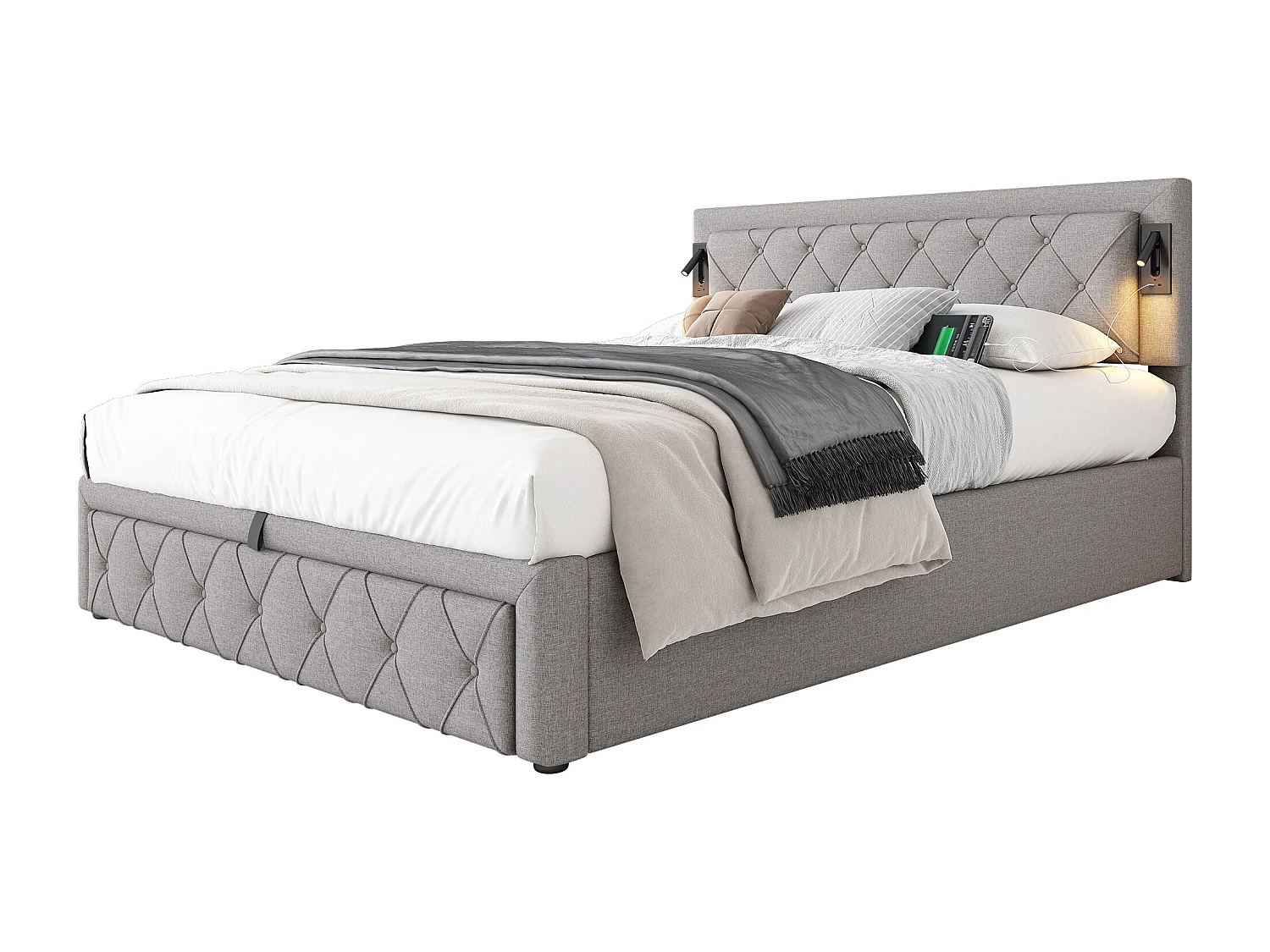 Lit coffre 160x200 cm avec éclairage et ports USB, tête de lit capitonnée, en lin gris (Sans matelas)