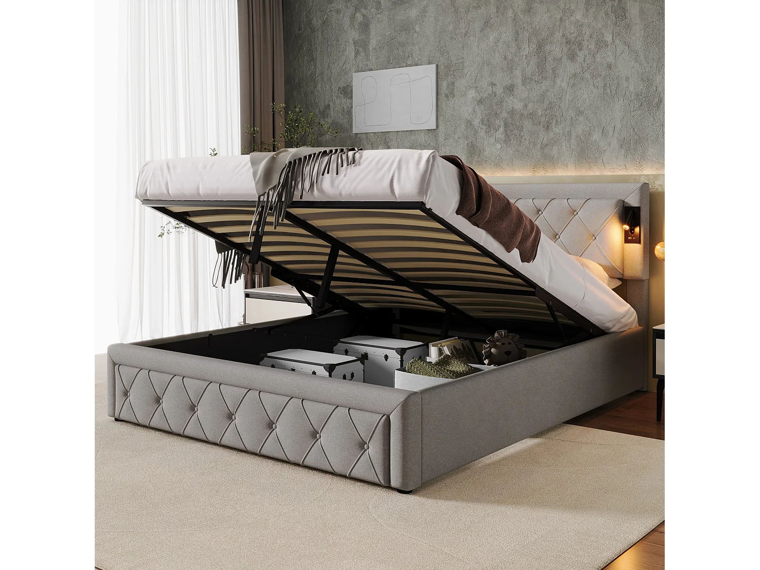 Lit coffre 160x200 cm avec éclairage et ports USB, tête de lit capitonnée, en lin gris (Sans matelas)